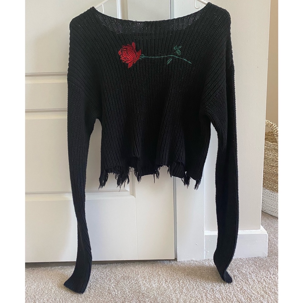 Distressed cropped rose sweater